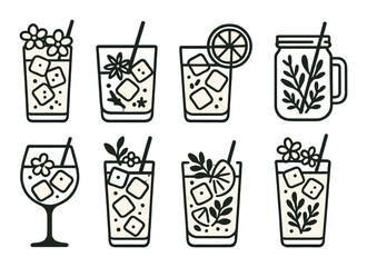 Collection of refreshing summer drinks in stylized glasses with garnishes