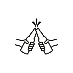 Beer toast hand icon. Hands holding beer bottles. Clink, cheers and toasting. Outline vector illustration white background. Two bottles of beer are held in hands. 