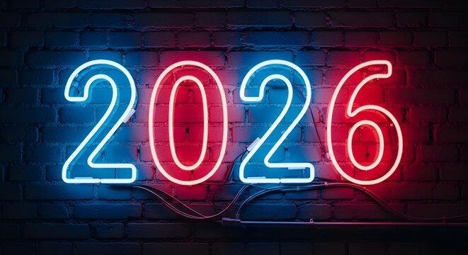 A close-up horizontal shot of the number '2026' rendered in vibrant neon lights against a dark, exposed brick wall. The '2's are blue/cyan, and the '0' and '6' are red/magenta.