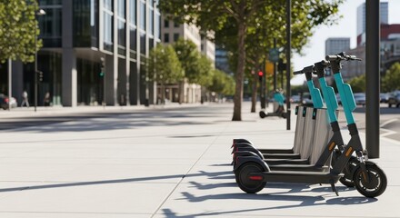Electric scooters parked in a modern urban setting for eco-friendly transport  