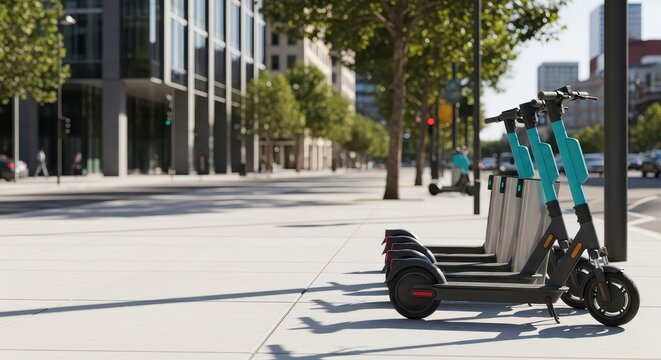 Electric scooters parked in a modern urban setting for eco-friendly transport