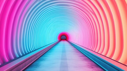 Futuristic Tunnel with Neon Colors Reflecting Light Waves and Patterns