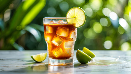 Glass of iced tea with lime slice on table, refreshing drink outdoors, suitable for summer beverage promotions, bar menu, espresso lemonade, coffee lemonade, espresso citrus drink, cold coffee