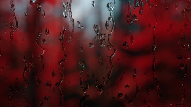 Rain days, rain falling on window surface on red and horror background. Concept of sad, nostalgic, reflective, crying, pensive, depressive, thoughtful, horror, crime.