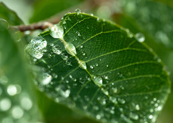 A leaf is covered in raindrops