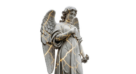Stone angel statue with golden kintsugi repairs against a white background, symbolizing beauty in imperfection and resilience.