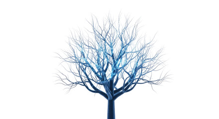 A striking blue-tinted bare tree with intricate branches against a clean white background, symbolizing winter's beauty or a digital representation.