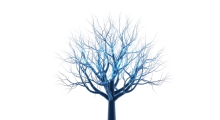 A striking blue-tinted bare tree with intricate branches against a clean white background, symbolizing winter's beauty or a digital representation.