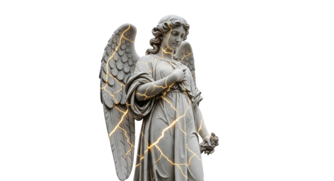Stone angel statue with golden kintsugi repairs against a white background, symbolizing beauty in imperfection and resilience.