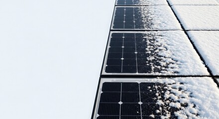 Snow covering solar panels with a clear sky background for ecology  