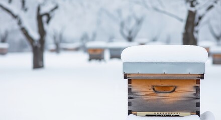 Snow-covered beehive box in winter landscape surrounded by trees  
