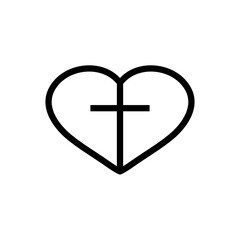 Church heart icon with religious cross. Outline vector illustration.
