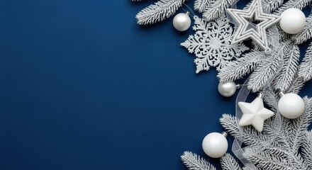 Elegant Christmas decorations with ornaments and stars on a blue background