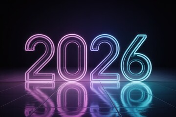 Futuristic glowing neon sign celebrating the arrival of the New Year 2026 with vibrant pink and blue lights on a reflective surface