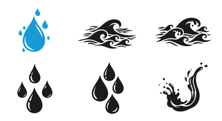 Naklejka premium Stylized water droplet and wave illustrations in black and blue tones