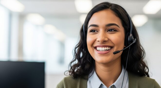 Smiling customer service representative wearing a headset in a modern office