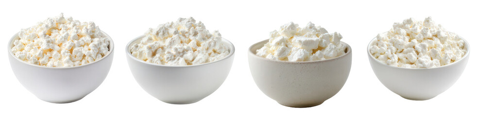 Fresh cottage cheese in white bowls 