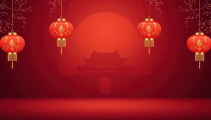 Elegant Chinese New Year celebration background with hanging red lanterns on a studio stage and a traditional gate silhouette
