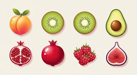 Vibrant Fruit Assortment - Peach, Kiwi, Avocado, Pomegranate, Raspberry, Fig.