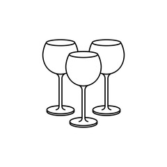 Three outline empty wine glasses icon standing side by side. 3 glass wine icon. Vector line art illustration.