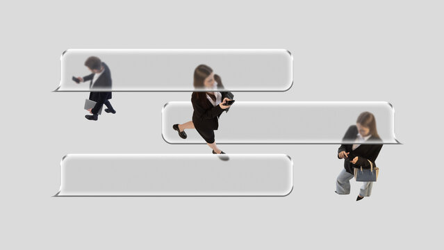 Digital collage. Walking businesspeople inside transparent message bubbles with dynamic emotion. Concept of communication flow, teamwork messaging, chat apps, and corporate interaction.