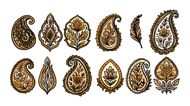 Brown ornamental set of paisley and buta elements