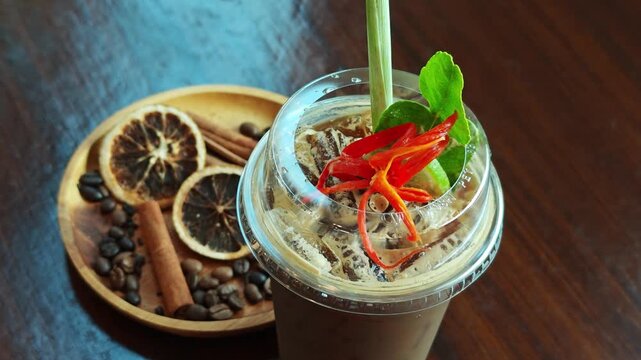 Coffee mixed with lemon, chili, galangal, lemongrass, kaffir lime leaves, Tom Yum flavor in a tall glass with ice.