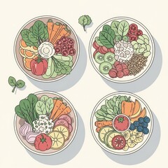 A collection of four illustrated healthy meal bowls, showcasing a vibrant assortment of fresh organic fruits, vegetables, and grains for a balanced diet