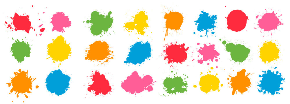 Color ink splatter splash paint stain set with bright abstract drops and messy artistic shapes in vivid graphic style on transparent background