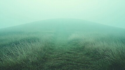 A foggy path winds upward a grassy hill, disappearing into the muted, hazy atmosphere