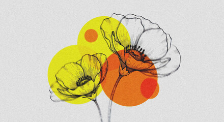 Abstract artistic illustration of three overlapping flower shapes in yellow and orange against a textured white background with grainy effect