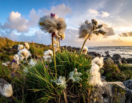 Wild cotton-like flowers, backlit by the setting sun, grow on a rocky shore with a glimpse of the sea and sky in the background - Powered by Adobe