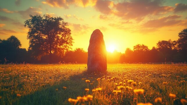 Golden sunrise bathes a standing stone in a field of wildflowers, creating a warm, serene scene - Powered by Adobe