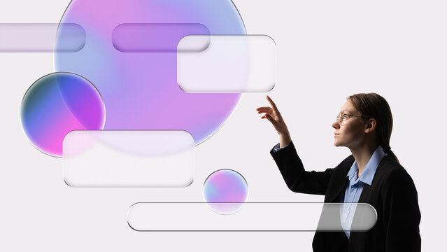 Vibrant artwork. Businesswoman touching floating neon UI bubbles with inspired emotion. Concept of futuristic interfaces, creative design, digital workspace, tech branding, product development.
