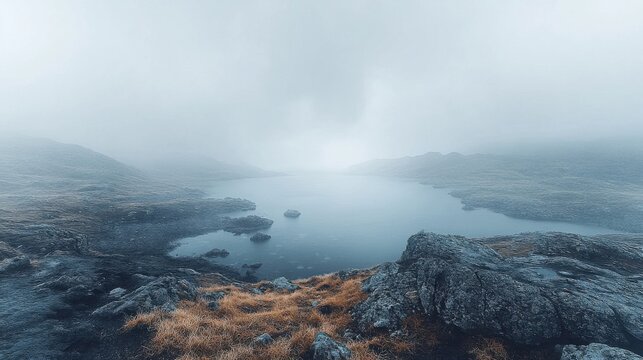 Misty mountain lake scene, serene landscape with foreground rocks, overcast sky, blurred distant horizon