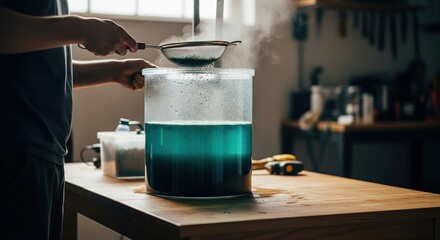 Straining Blue Liquid Mixture in a Large Container in a Contemporary Kitchen Environment