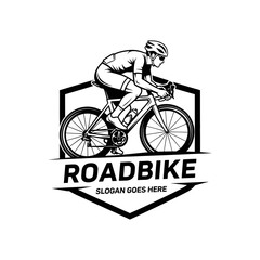 Obraz premium Hand-drawn cyclist emblem logo with 'roadbike' text and placeholder slogan