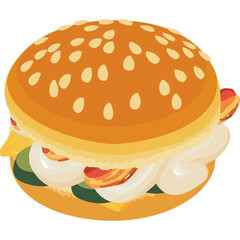 Juicy Burger With Sesame Seed Bun Bacon Lettuce Tomato Cheese and Creamy Sauce Isolated on White Background Stylized Graphic Illustration