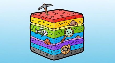 Colorful cartoon illustration of soil layers with fossils and geological tools, perfect for educational materials on geology, paleontology, and earth science