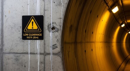 Tunnel Entrance With Low Clearance Warning Sign And Dramatic Lighting Perspective