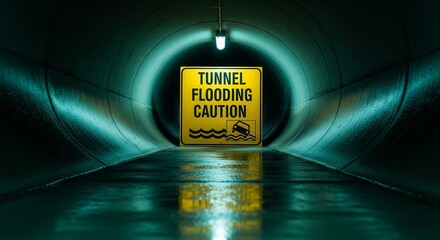 Tunnel Flooding Alert Sign Inside A Dark, Flooded Drainage Structure with Reflections