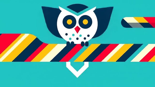 A stylized white owl with yellow eyes perches on a vibrant, multi-colored striped branch against a teal background in a modern flat design illustration.