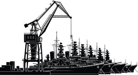 Shipyard crane silhouette, battleship construction scene, naval dockyard illustration, industrial harbor machinery, warship building graphic, maritime engineering, large crane structure,