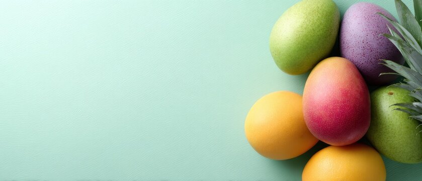 fresh tropical fruits in vibrant composition for summer ad, top view, pastel tones, editorial style, soft diffused glow, ample space for text, ideal for commercial use