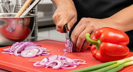 Professional Chef Chopping Red Onion and Preparing Fresh Vegetables for Delicious Meal Preparation