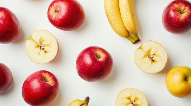 Group of fresh apples and bananas arranged on a clean white surface for healthy food display