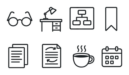 Vector line icons: glasses, desk lamp, flowchart, bookmark, documents, refresh, coffee, calendar