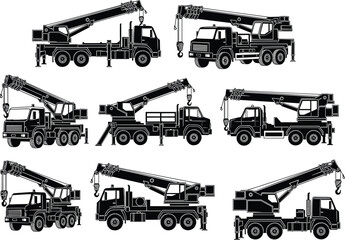 Silhouette collection of mobile crane trucks with extended booms, industrial construction heavy machinery illustration set for engineering, lifting 
