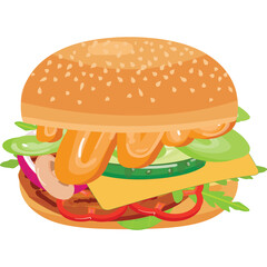 Juicy Hamburger with Sesame Seed Bun Lettuce Tomato Onion Cheese and Pickles on a Transparent Background