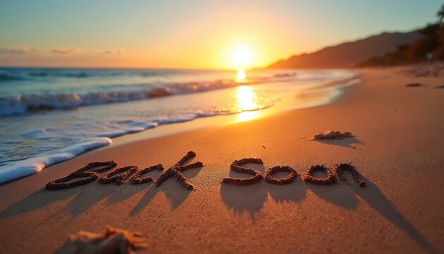Words Back Soon written in beach sand. Faint footprint leads from message. Golden sun sets over ocean, gentle waves wash ashore. Warm evening light covers tropical coast. Temporary farewell, promise